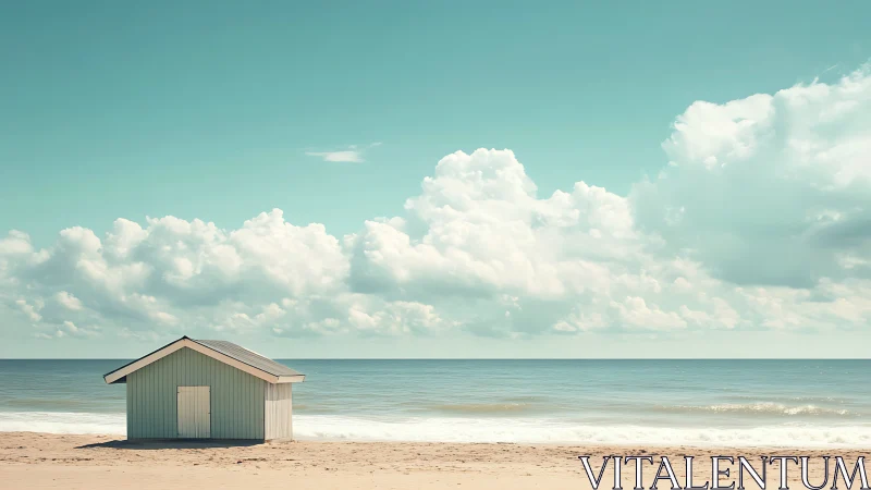 Minimalist beach hut under expansive coastal sky.