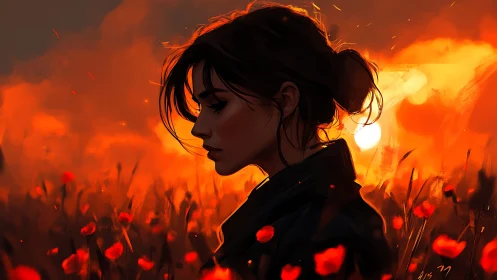 Solitary woman in burning sunset poppy field silhouette.