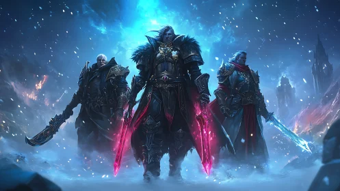 Frostbitten warlords stride through shattered twilight snow.