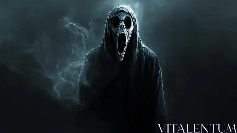 Hooded spectral figure with screaming skull mask in smoke.