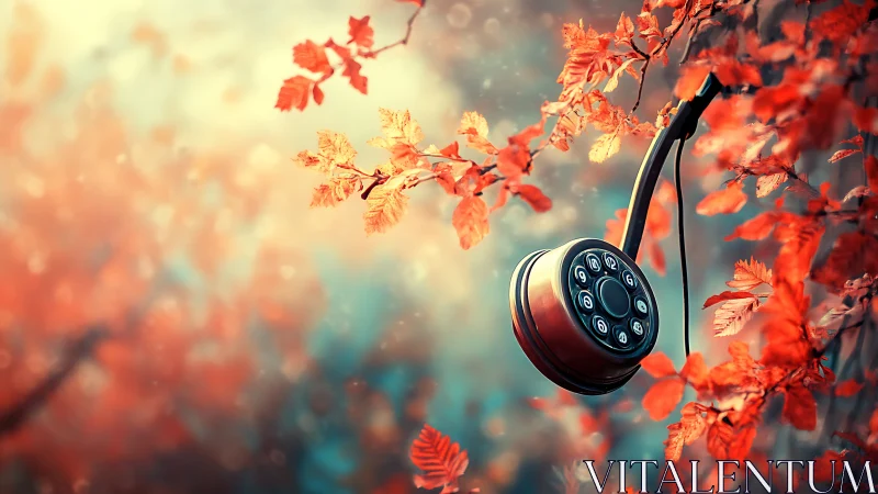 Retro telephone handset suspended in autumn foliage glow