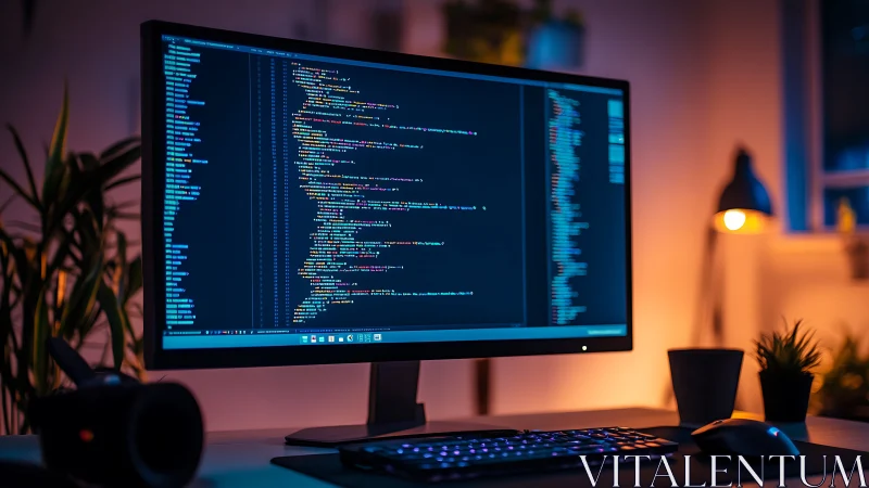 Wide monitor displays colorful code in moody workspace