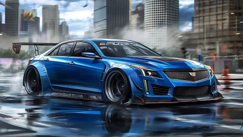 Midnight blue street racer slicing through city drizzle.