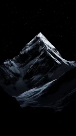 Snowlit mountain peak under deep midnight starfield.