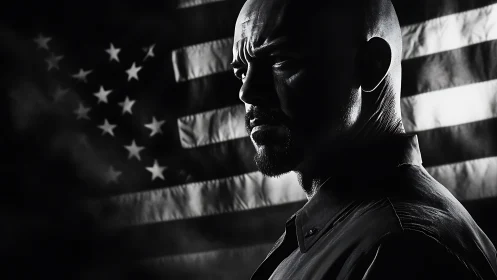 Brooding man in harsh light against dramatic US flag backdrop.