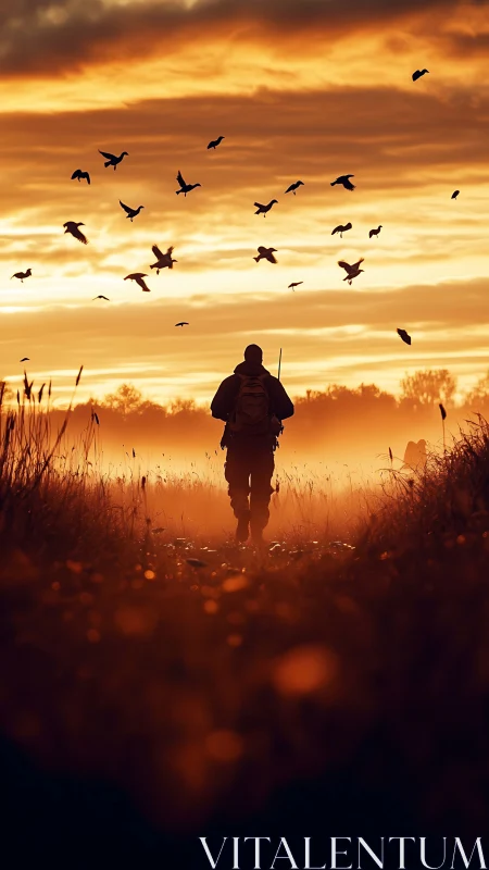 Lone hiker walks at sunrise beneath a sky of circling birds.