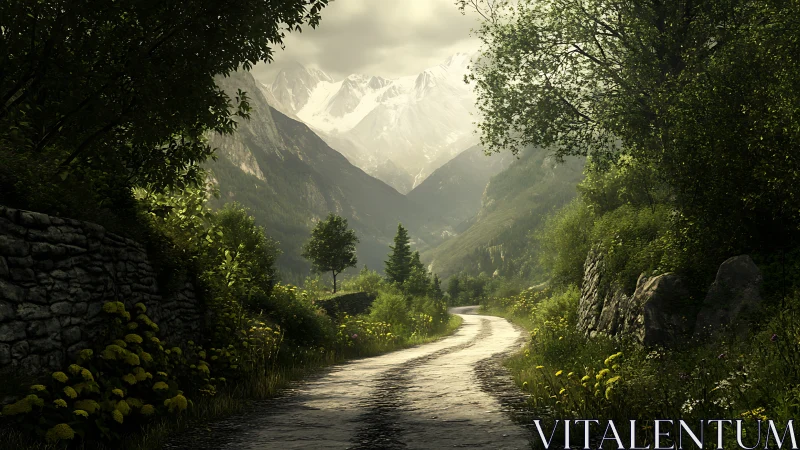 Curved mountain road framed by dense foliage and distant snowy peaks