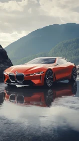 Low-slung orange concept coupe with reflective wet-surface render.