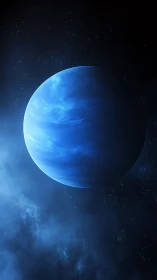 Deep blue planet drifts quietly through a gentle starfield