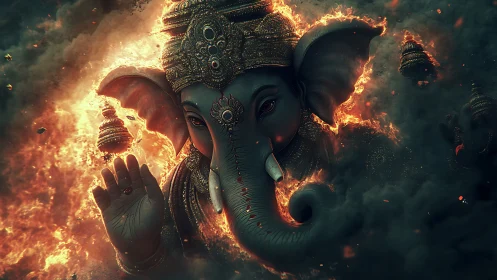 Divine elephant-headed deity emerges through radiant embers.