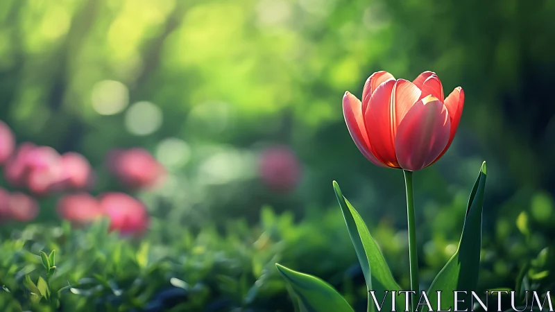 Red Tulip in Sunlit Garden with Bokeh Background.