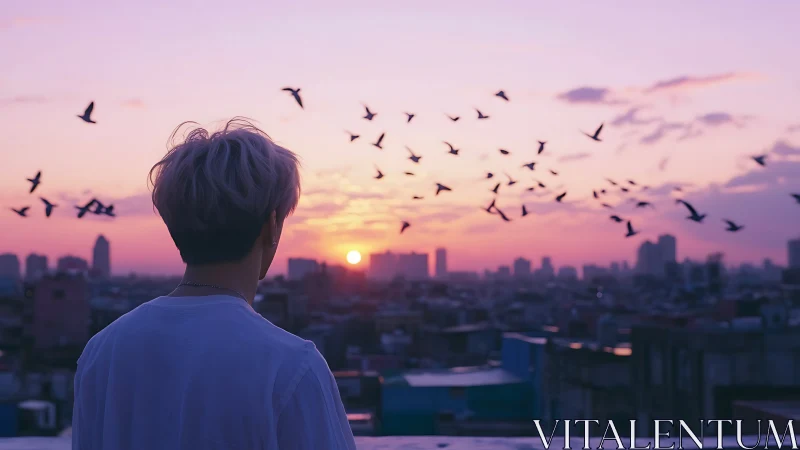 Rooftop daydreamer watching city birds chase the sunset.