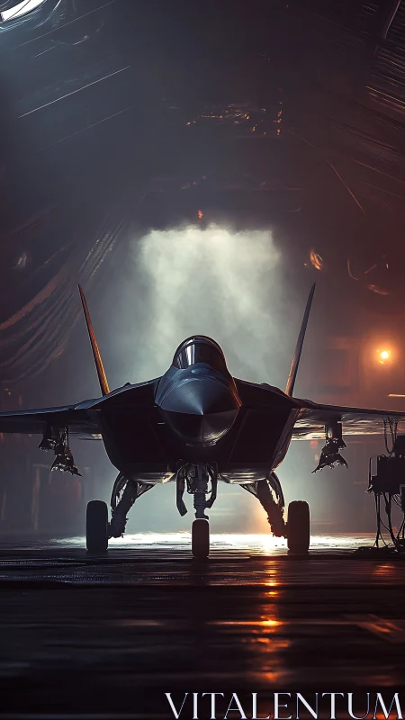 Stealth fighter jet framed by cinematic hangar backlighting