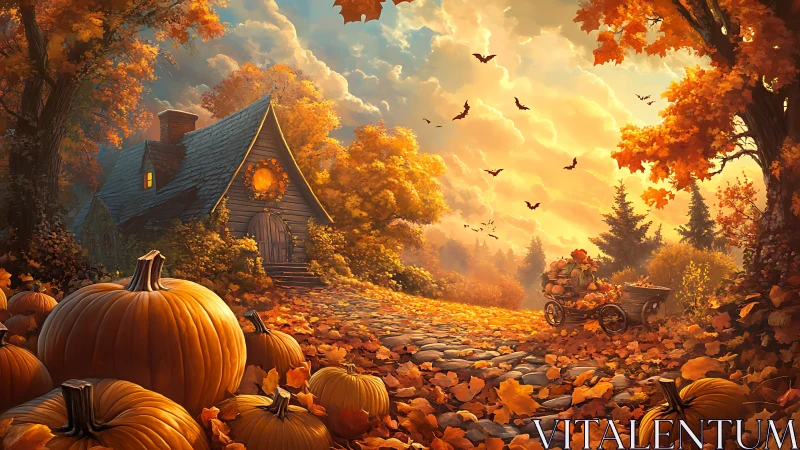 Pumpkin-lantern cottage dreaming in golden autumn dusk.