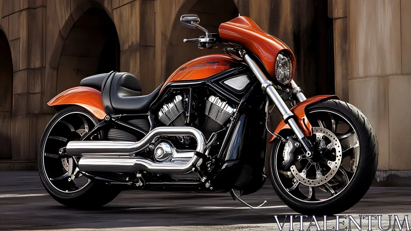 Custom orange power cruiser motorcycle in urban arches setting.