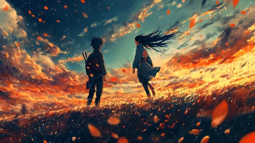 Two anime wanderers share a quiet moment in a burning sky dusk