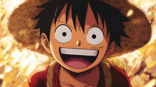 Straw hat anime hero smiles amid warm golden backlight.