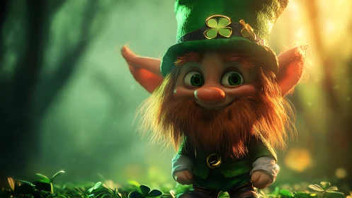 Cheerful leprechaun stands in glowing shamrock forest.