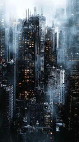 Moody foggy city skyline with dense lit skyscrapers at night.