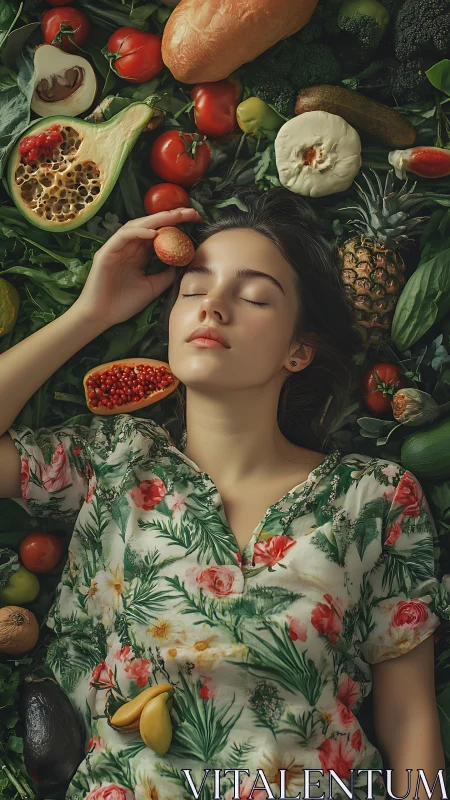 Woman lying among assorted fruits, vegetables, and bread.
