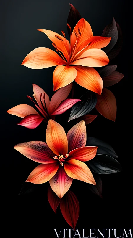 Three Tropical Lilies Arranged Vertically Against Dark Background