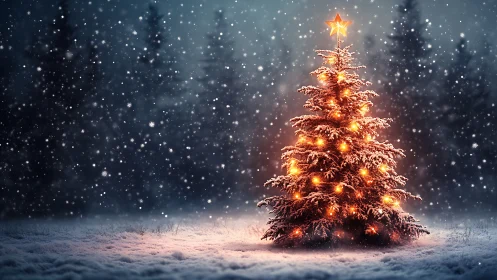 Snow covered outdoor Christmas tree with warm lights at night.