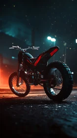 Neon backlit dirt bike with wet asphalt reflections and bokeh haze