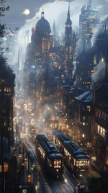 Noir steampunk cityscape with trams under moonlit fog.