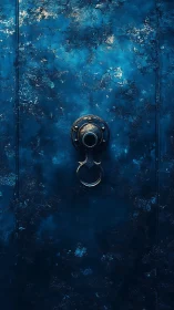 Weathered blue metal door with central brass ring knocker.