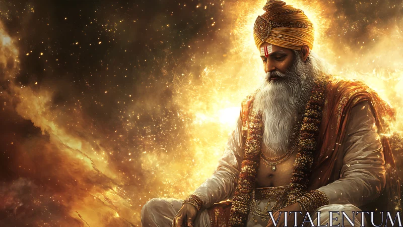 Radiant sage in cosmic gold meditation aura digital painting.