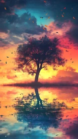 Solitary tree reflects in vivid multicolored sunset lake