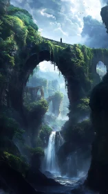Solitary figure surveys verdant stone arches above cascades