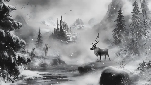 Stag guard watches misty castle beyond frozen river.