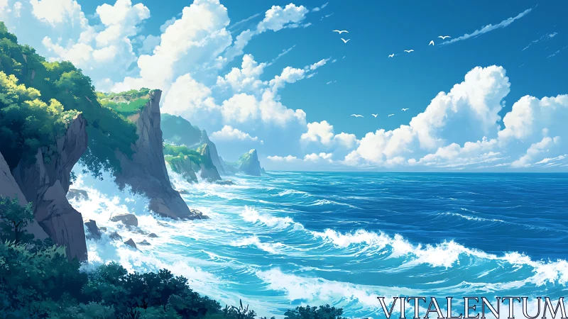 Sunlit cliffs and playful waves along a bright blue coast.