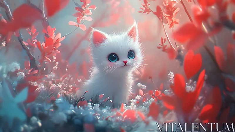 Enchanting White Kitten Among Blooming Red Flowers