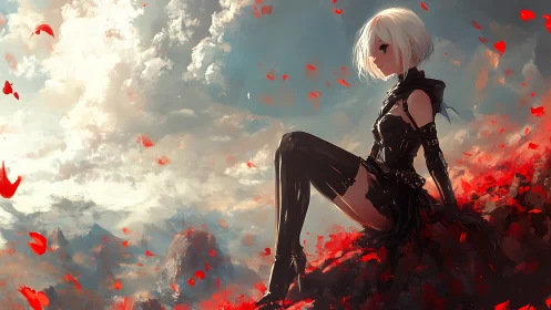 Stormlit dreamer resting among wild crimson petals.