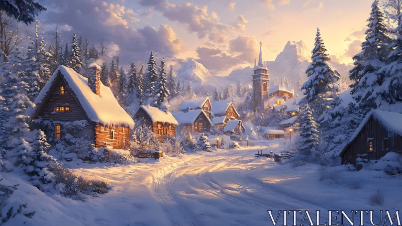 Snowy village at dusk wrapped in golden winter light.
