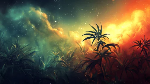 Glowing jungle sky blends dreamy night blues and warm firelight