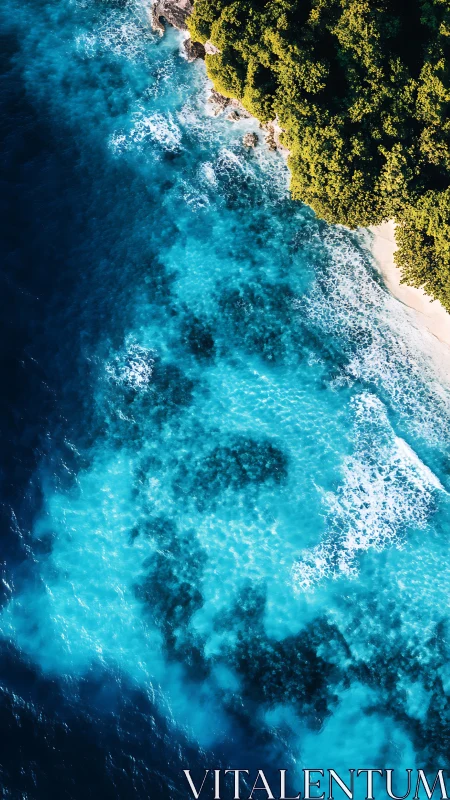 Azure surf breaking along lush tropical island shore.