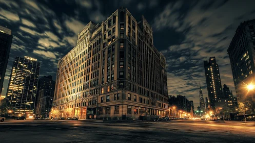 Dramatic night city intersection glows around grand tower.