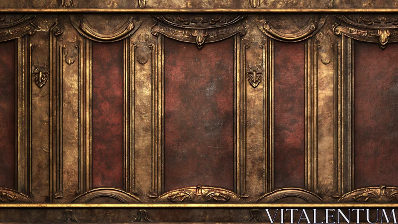 Regal baroque wall of worn gold panels and embered velvet.