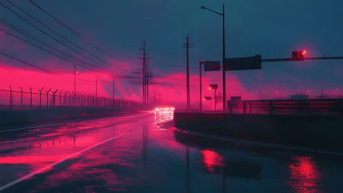 Neon-lit wet highway under cyan dusk with glowing traffic.