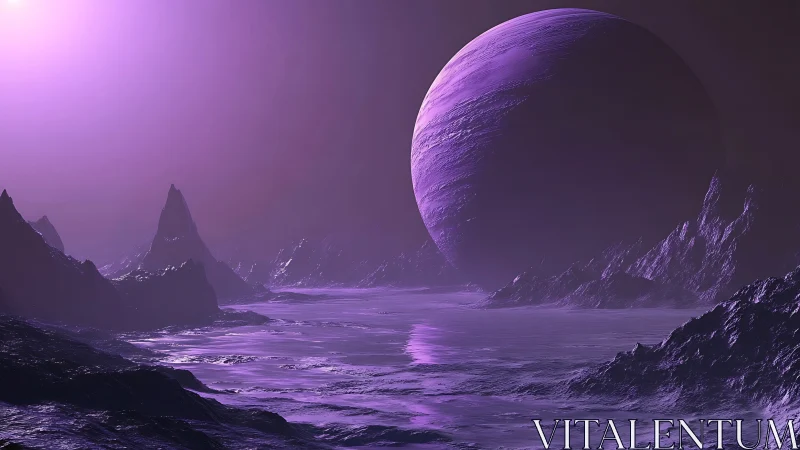 Dreamy violet alien world under a softly glowing planet.