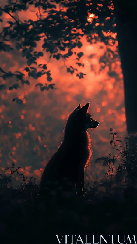 Backlit fox silhouette in dusk forest with warm bokeh glow.