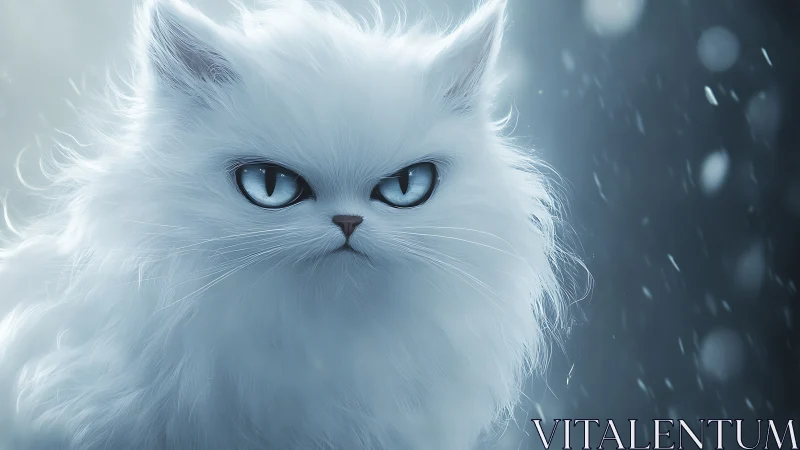 White Cat with Blue Eyes in Falling Snow.