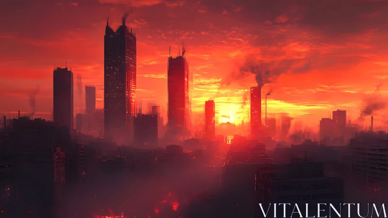 Burning red sunset engulfs dystopian highrise city skyline