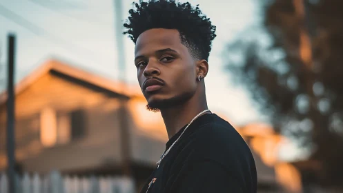 Man in outdoor urban setting at sunset, shallow depth of field.