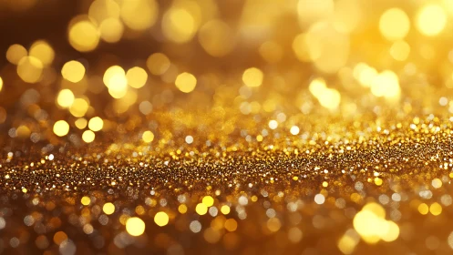 Shimmering Gold Glitter Background with Soft Bokeh Lights Effect.