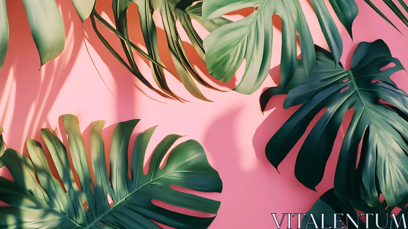 Monstera leaves casting bold tropical shadows on pink wall.