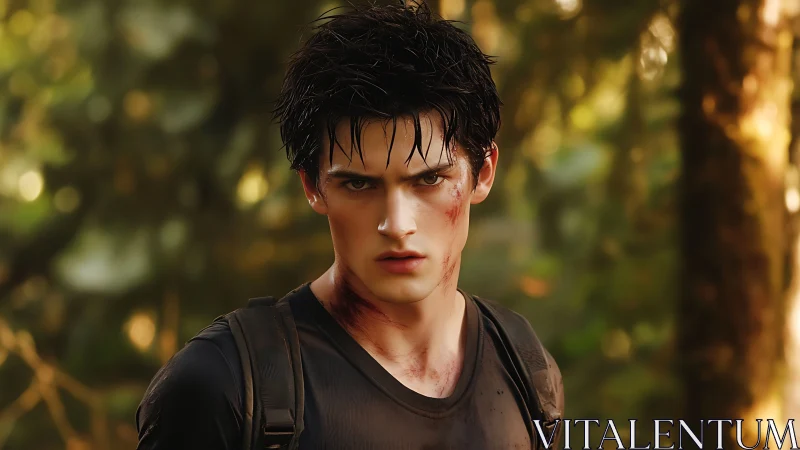 Wounded forest wanderer facing danger with quiet resolve.